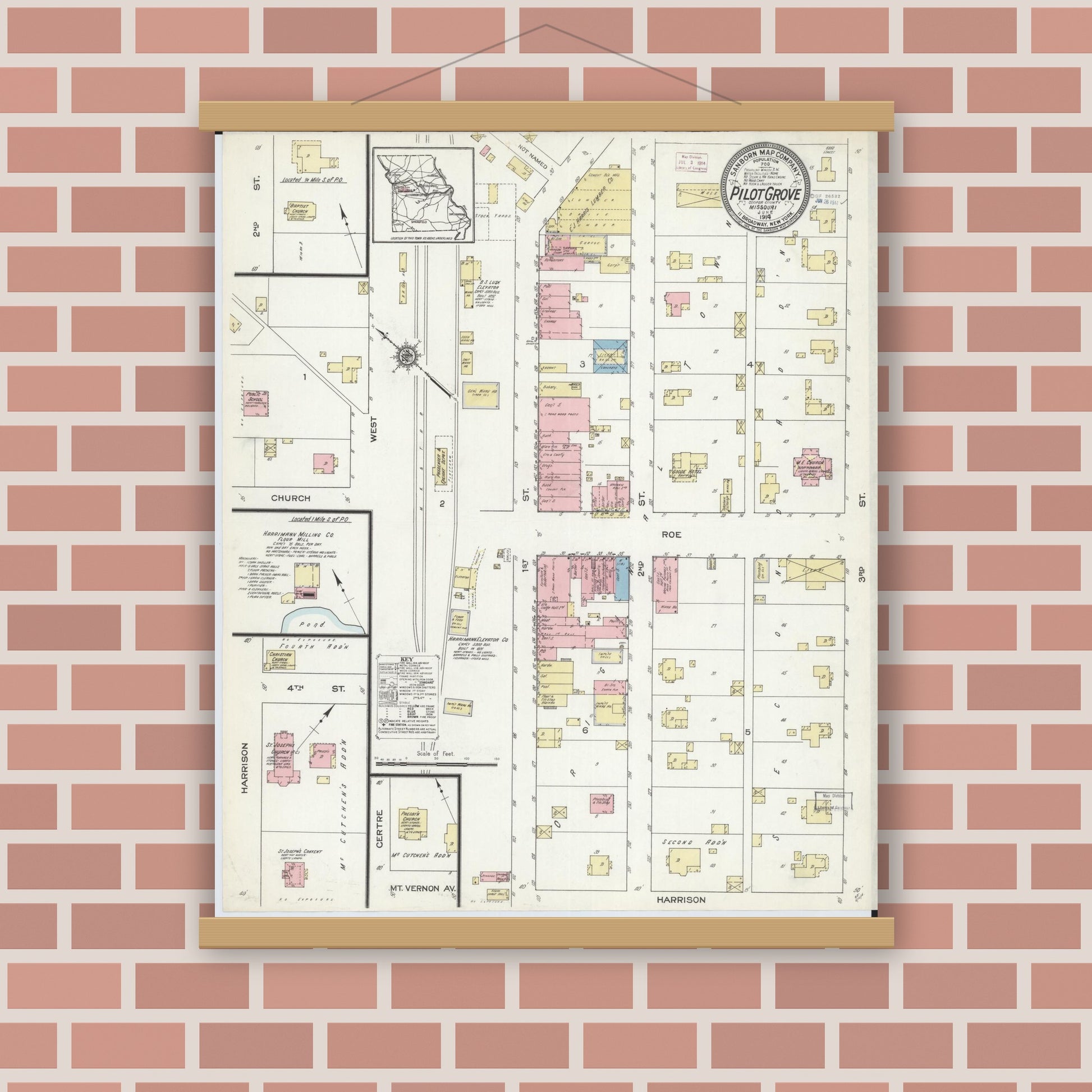 Old map wall art mockup — magnetic wood frame on brick wall — Sanborn Fire Insurance Map from Pilot Grove, Cooper County, Missouri (1914), Sheet #0001