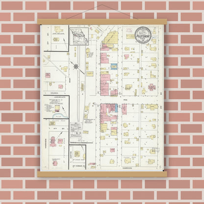 Old map wall art mockup — magnetic wood frame on brick wall — Sanborn Fire Insurance Map from Pilot Grove, Cooper County, Missouri (1914), Sheet #0001