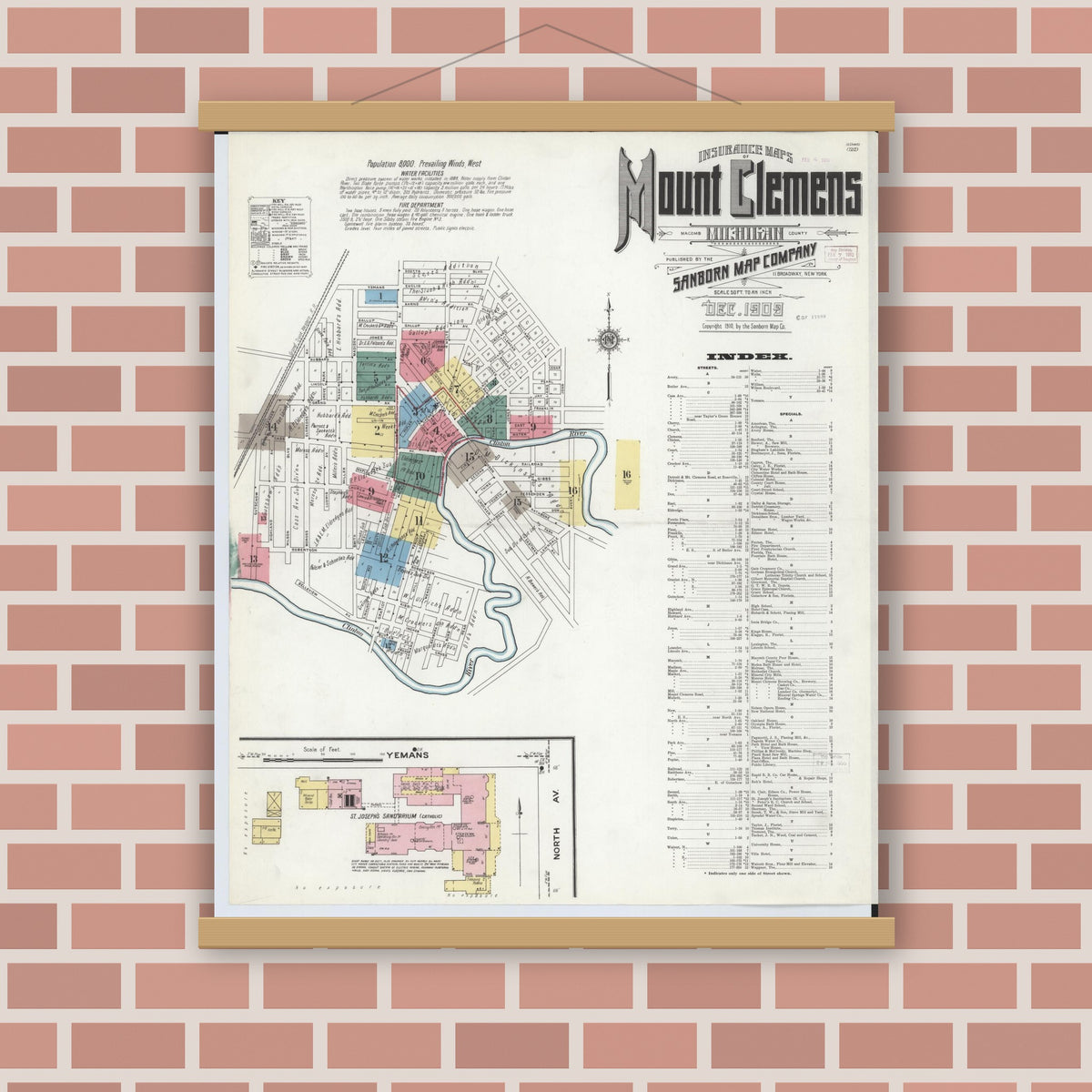 Old map wall art mockup — magnetic wood frame on brick wall — Sanborn Fire Insurance Map from Mount Clemens, Macomb County, Michigan (1909), Sheet #0001