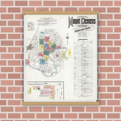 Old map wall art mockup — magnetic wood frame on brick wall — Sanborn Fire Insurance Map from Mount Clemens, Macomb County, Michigan (1909), Sheet #0001