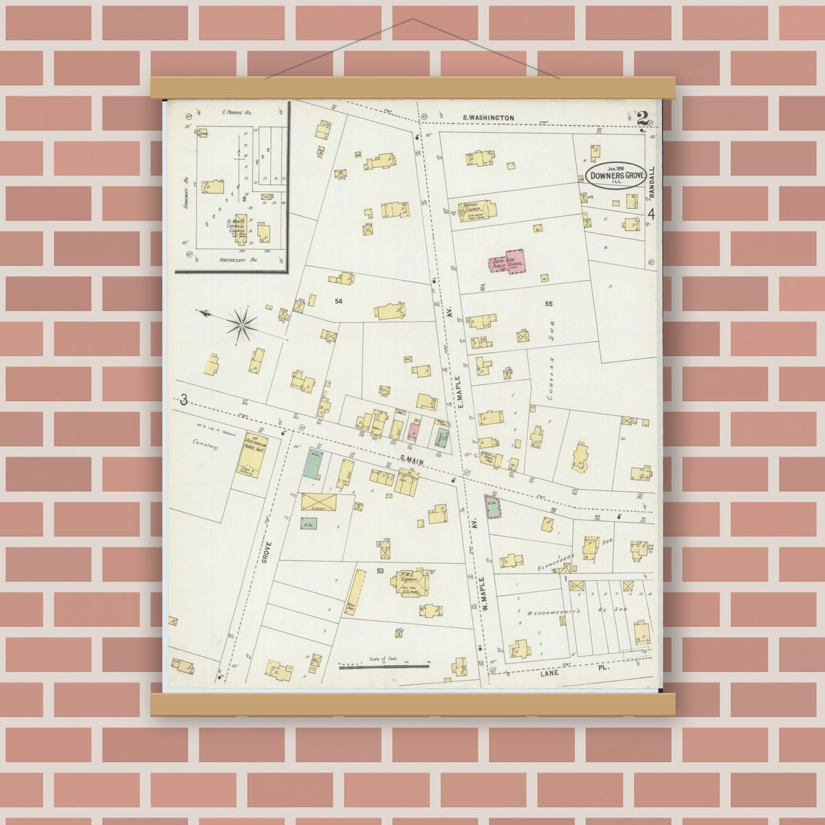 Old map wall art mockup — magnetic wood frame on brick wall — Sanborn Fire Insurance Map from Downers Grove, Dupage County, Illinois (1898), Sheet #0002