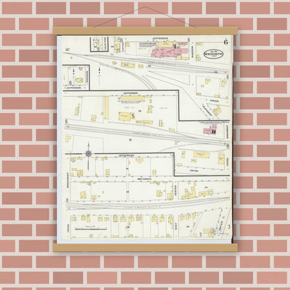 Old map wall art mockup — magnetic wood frame on brick wall — Sanborn Fire Insurance Map from New Lexington, Perry County, Ohio (1909), Sheet #0006