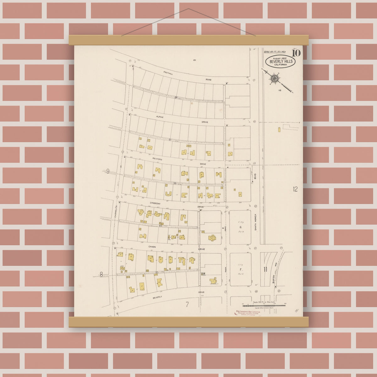 Old map wall art mockup — magnetic wood frame on brick wall — Sanborn Fire Insurance Map from Beverly Hills, Los Angeles County, California (1922), Sheet #0010