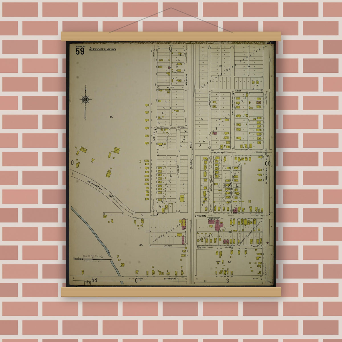 Old map wall art mockup — magnetic wood frame on brick wall — Sanborn Fire Insurance Map from Kenosha, Kenosha County, Wisconsin. (1918), Sheet 63