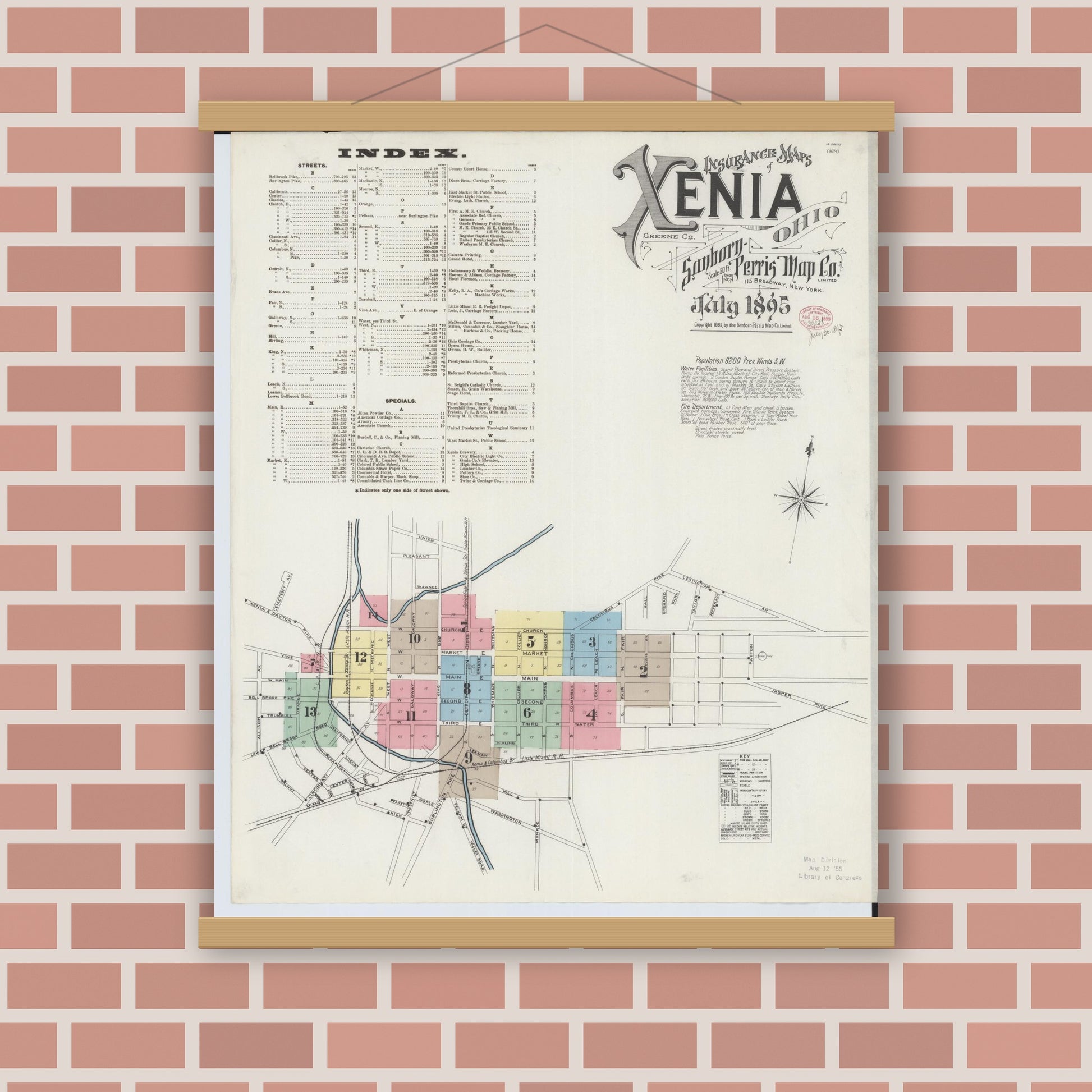 Old map wall art mockup — magnetic wood frame on brick wall — Sanborn Fire Insurance Map from Xenia, Greene County, Ohio (1895), Sheet #0001
