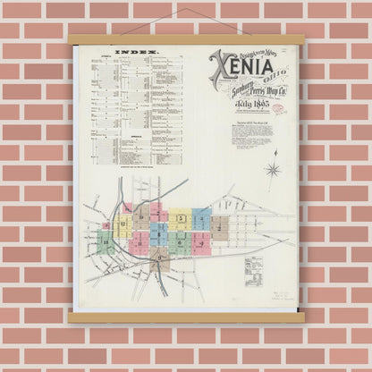 Old map wall art mockup — magnetic wood frame on brick wall — Sanborn Fire Insurance Map from Xenia, Greene County, Ohio (1895), Sheet #0001