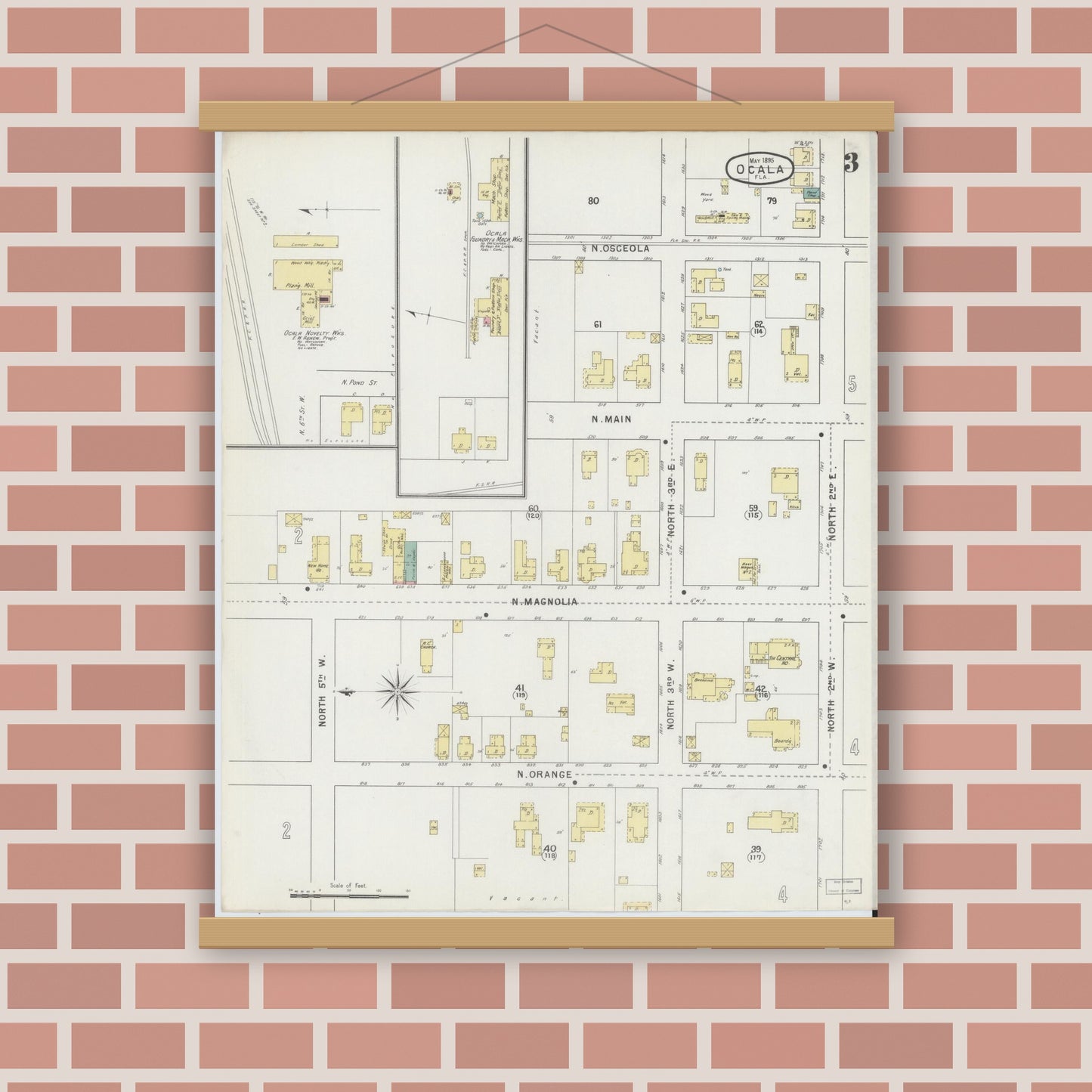 Old map wall art mockup — magnetic wood frame on brick wall — Sanborn Fire Insurance Map from Ocala, Marion County, Florida (1895), Sheet #0003