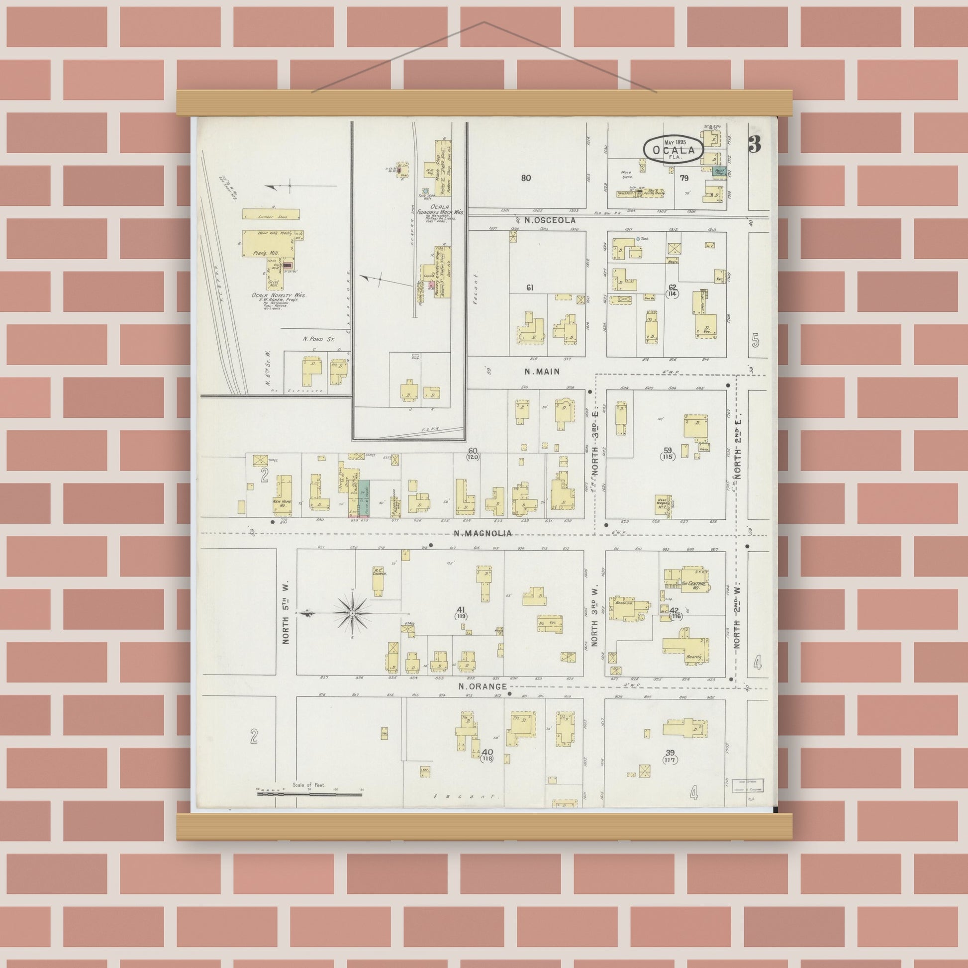 Old map wall art mockup — magnetic wood frame on brick wall — Sanborn Fire Insurance Map from Ocala, Marion County, Florida (1895), Sheet #0003