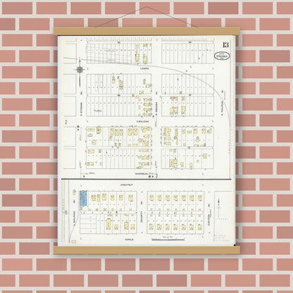 Old map wall art mockup — magnetic wood frame on brick wall — Sanborn Fire Insurance Map from Virginia, Saint Louis County, Minnesota (1910), Sheet #0013
