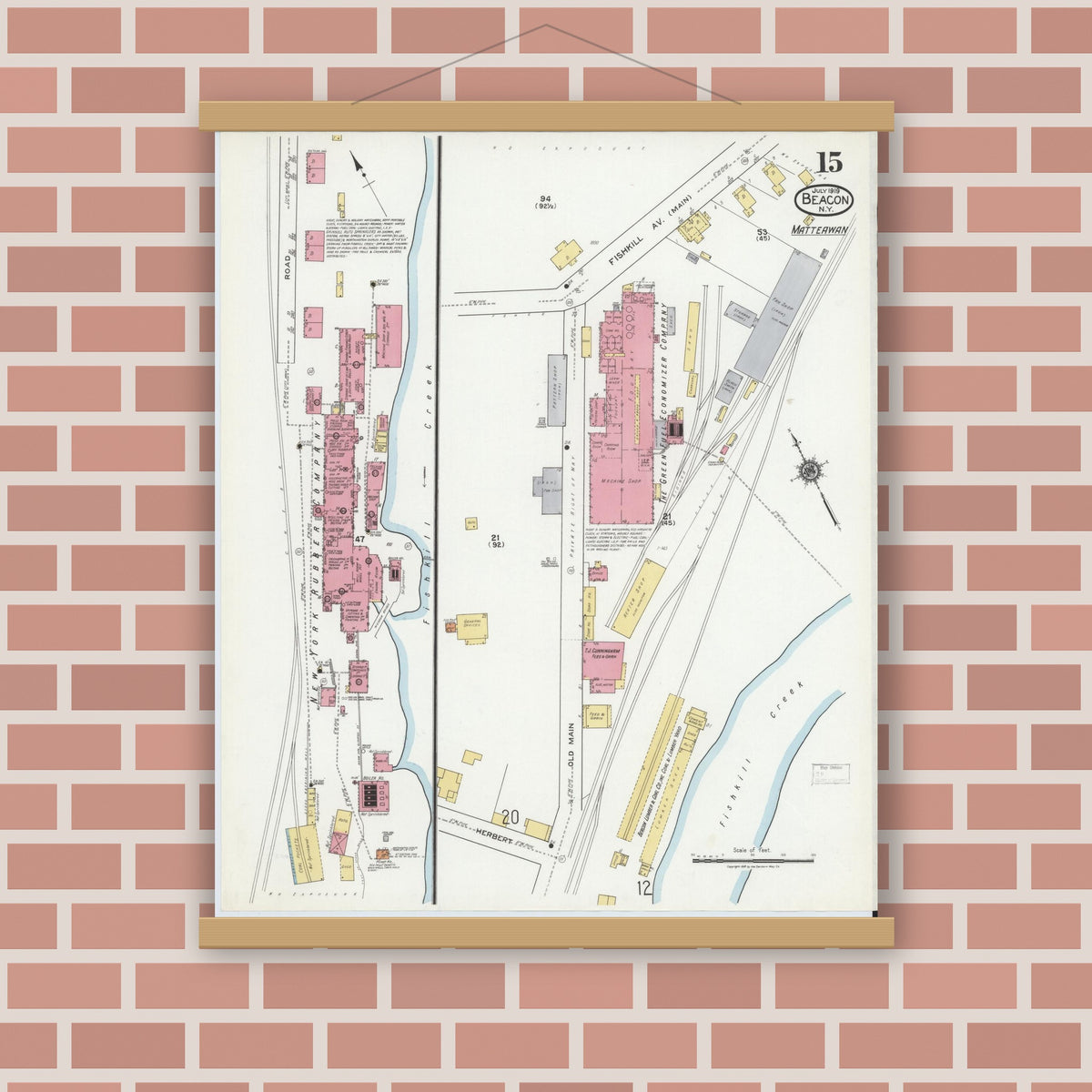 Old map wall art mockup — magnetic wood frame on brick wall — Sanborn Fire Insurance Map from Beacon, Dutchess County, New York (1919), Sheet #0015
