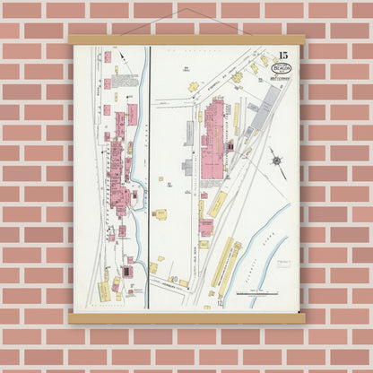 Old map wall art mockup — magnetic wood frame on brick wall — Sanborn Fire Insurance Map from Beacon, Dutchess County, New York (1919), Sheet #0015
