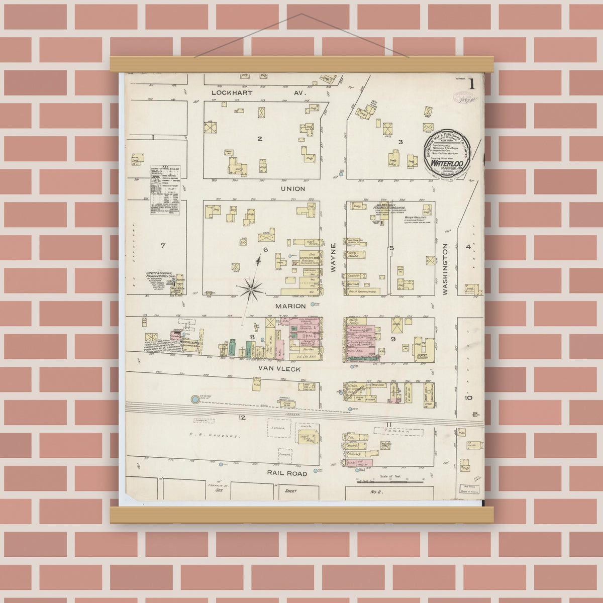 Old map wall art mockup — magnetic wood frame on brick wall — Sanborn Fire Insurance Map from Waterloo, De Kalb County, Indiana (1886) - Complete Map Set
