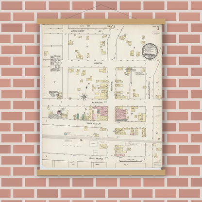 Old map wall art mockup — magnetic wood frame on brick wall — Sanborn Fire Insurance Map from Waterloo, De Kalb County, Indiana (1886) - Complete Map Set