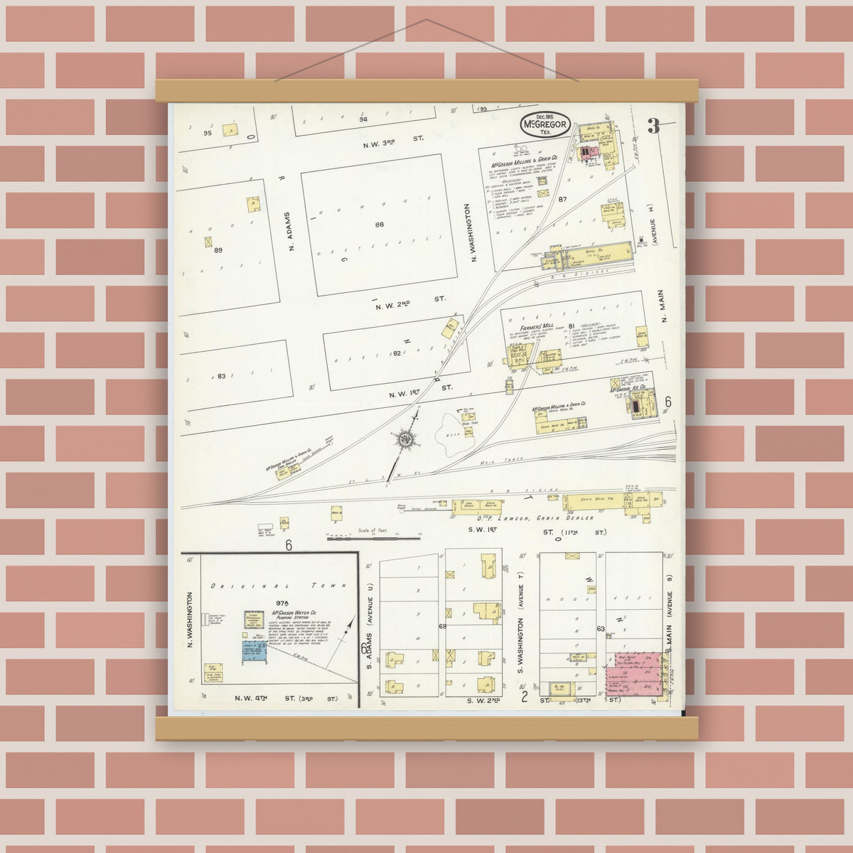 Old map wall art mockup — magnetic wood frame on brick wall — Sanborn Fire Insurance Map from McGregor, McLennan County, Texas (1915), Sheet #0003