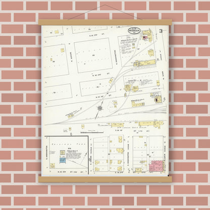 Old map wall art mockup — magnetic wood frame on brick wall — Sanborn Fire Insurance Map from McGregor, McLennan County, Texas (1915), Sheet #0003