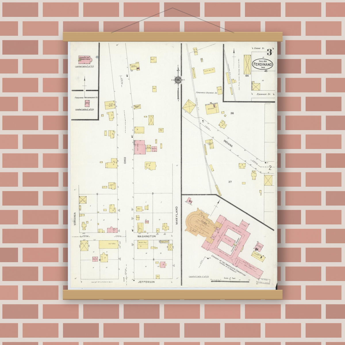 Old map wall art mockup — magnetic wood frame on brick wall — Sanborn Fire Insurance Map from Ferdinand, Dubois County, Indiana (1916), Sheet #0003