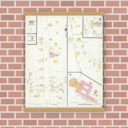 Old map wall art mockup — magnetic wood frame on brick wall — Sanborn Fire Insurance Map from Ferdinand, Dubois County, Indiana (1916), Sheet #0003