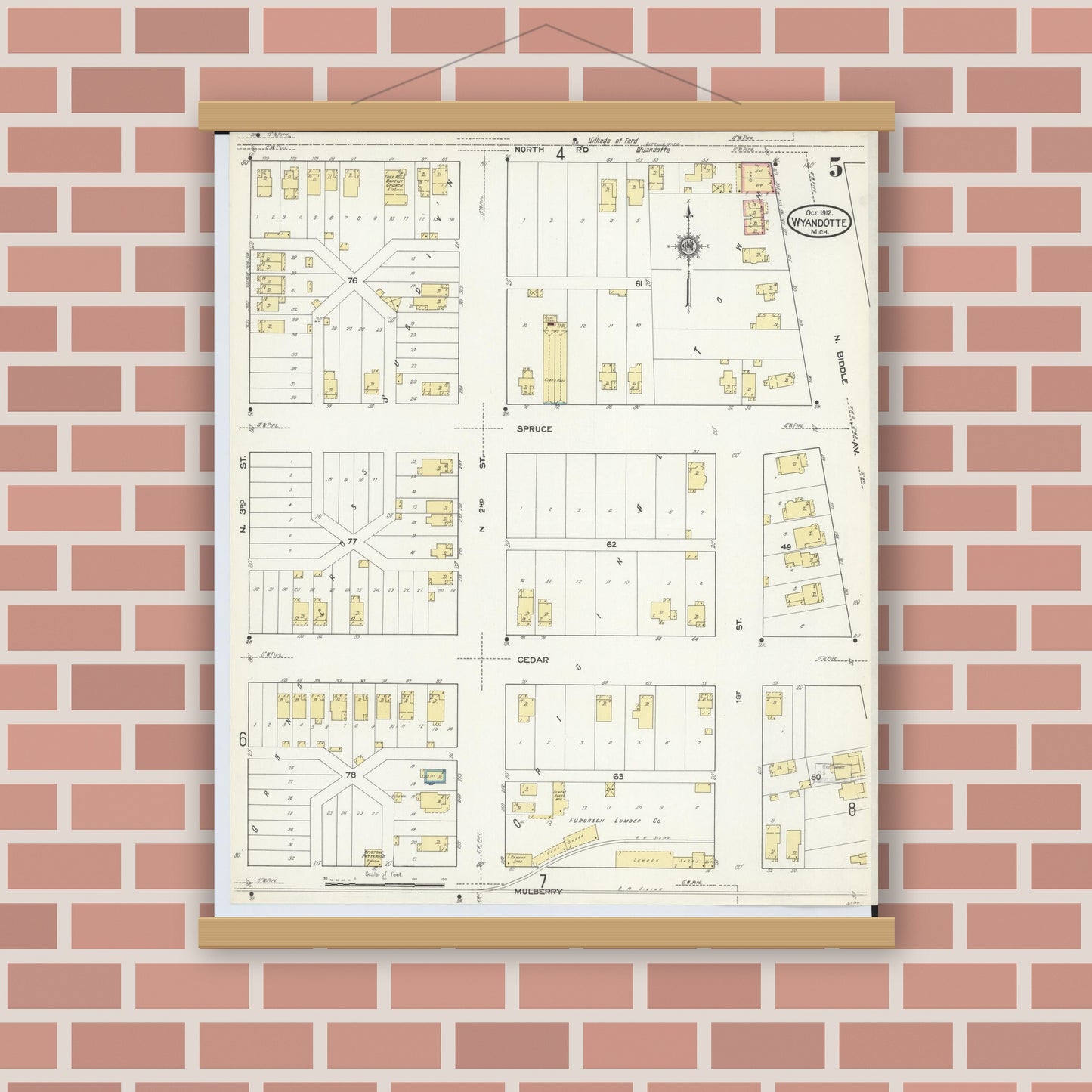 Old map wall art mockup — magnetic wood frame on brick wall — Sanborn Fire Insurance Map from Wyandotte, Wayne County, Michigan (1912), Sheet #0005