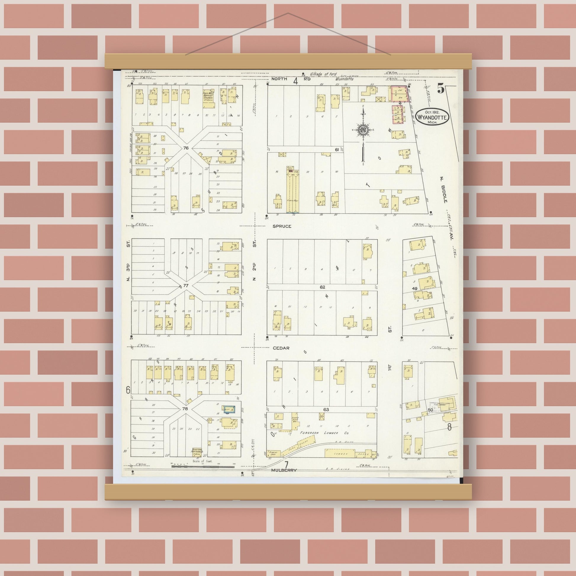 Old map wall art mockup — magnetic wood frame on brick wall — Sanborn Fire Insurance Map from Wyandotte, Wayne County, Michigan (1912), Sheet #0005