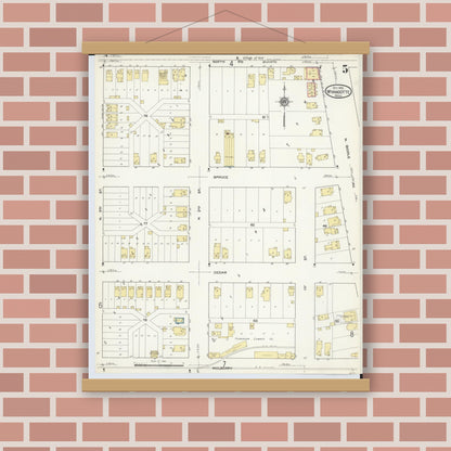 Old map wall art mockup — magnetic wood frame on brick wall — Sanborn Fire Insurance Map from Wyandotte, Wayne County, Michigan (1912), Sheet #0005