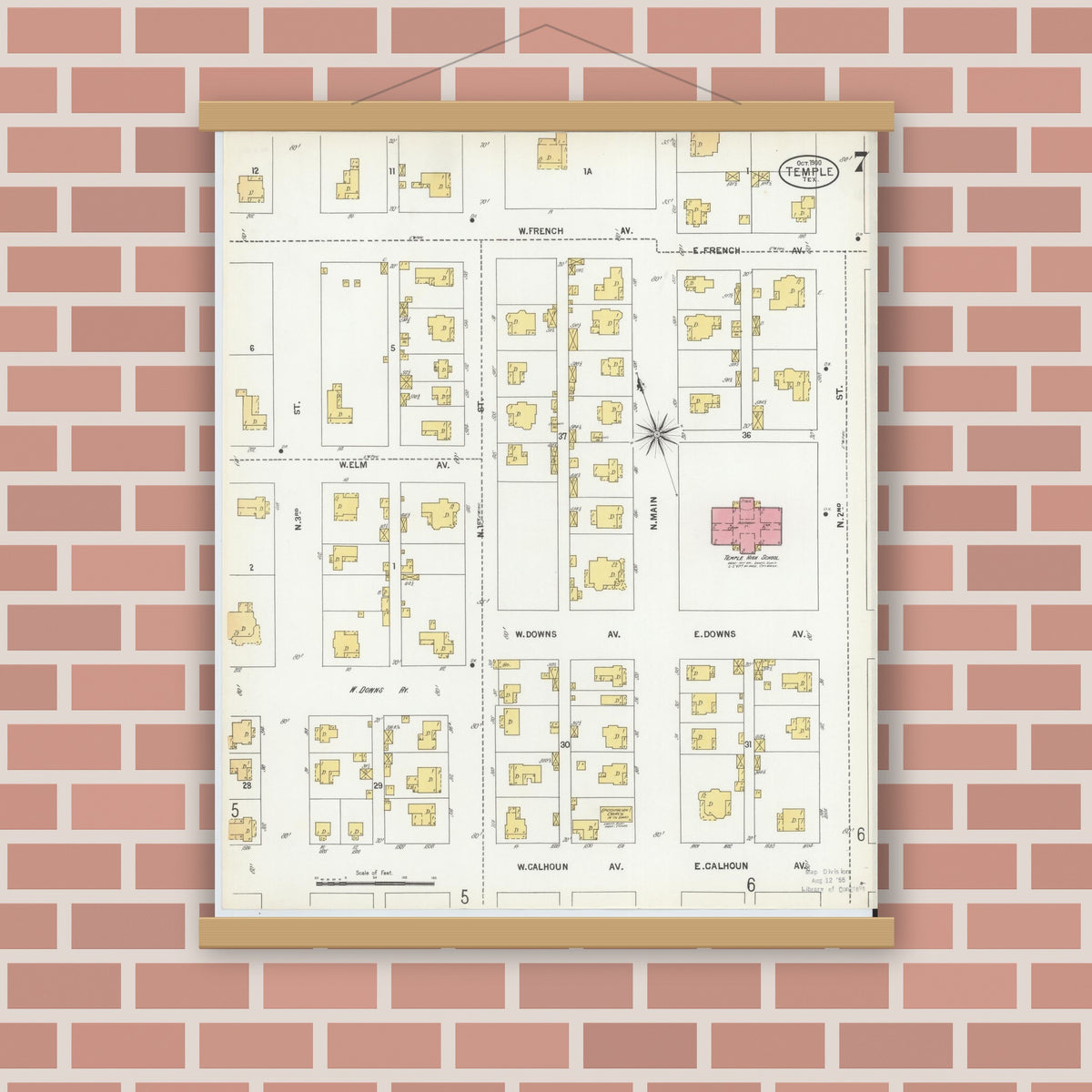 Old map wall art mockup — magnetic wood frame on brick wall — Sanborn Fire Insurance Map from Temple, Bell County, Texas (1900), Sheet #0007
