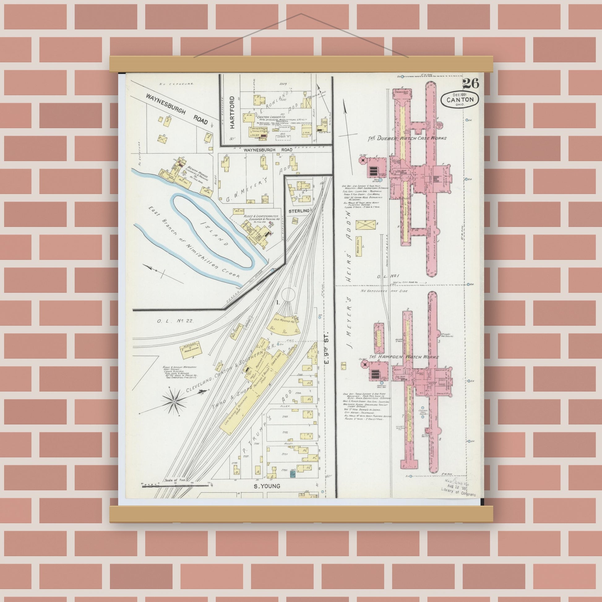 Old map wall art mockup — magnetic wood frame on brick wall — Sanborn Fire Insurance Map from Canton, Stark County, Ohio (1891), Sheet #0026