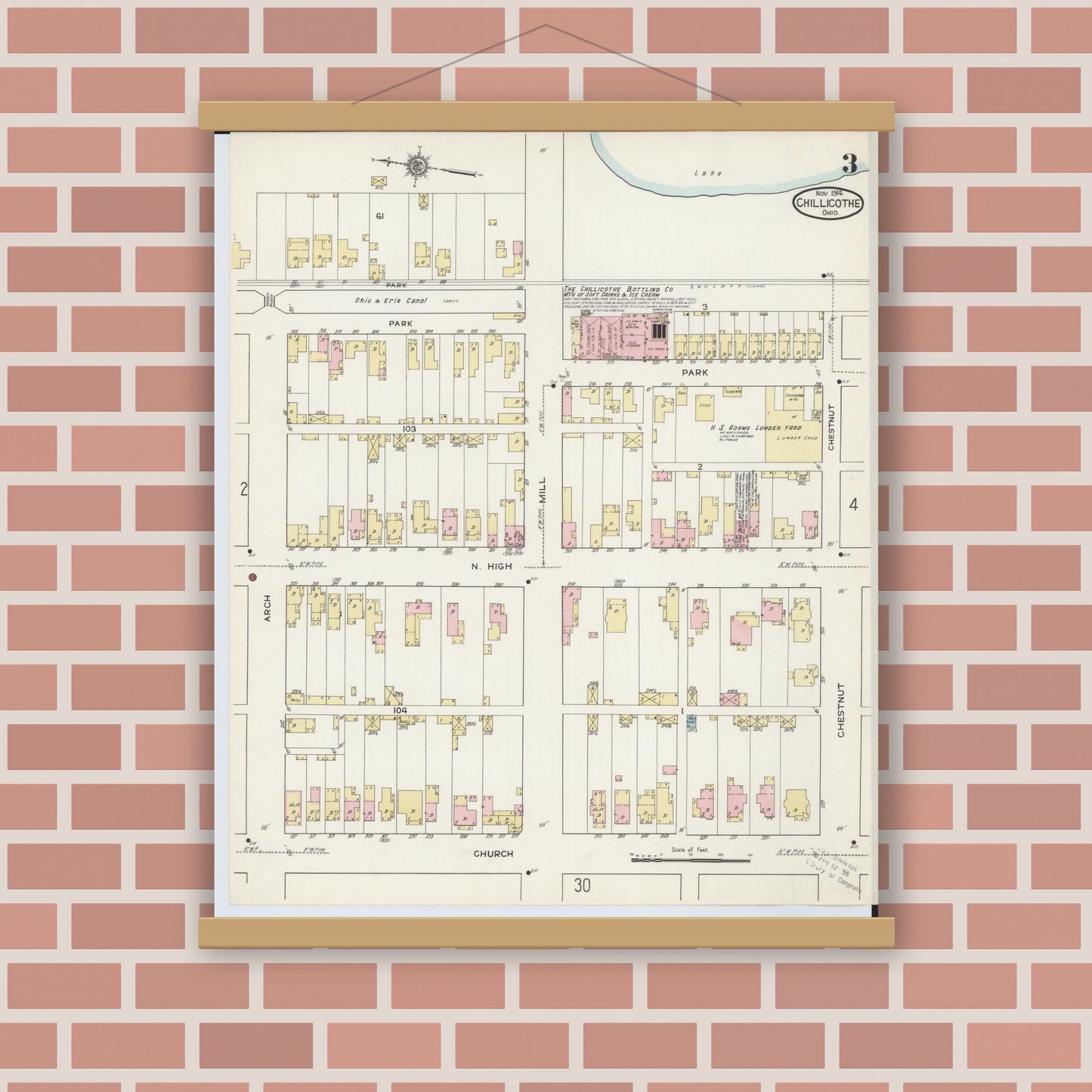 Old map wall art mockup — magnetic wood frame on brick wall — Sanborn Fire Insurance Map from Chillicothe, Ross County, Ohio (1914), Sheet #0003
