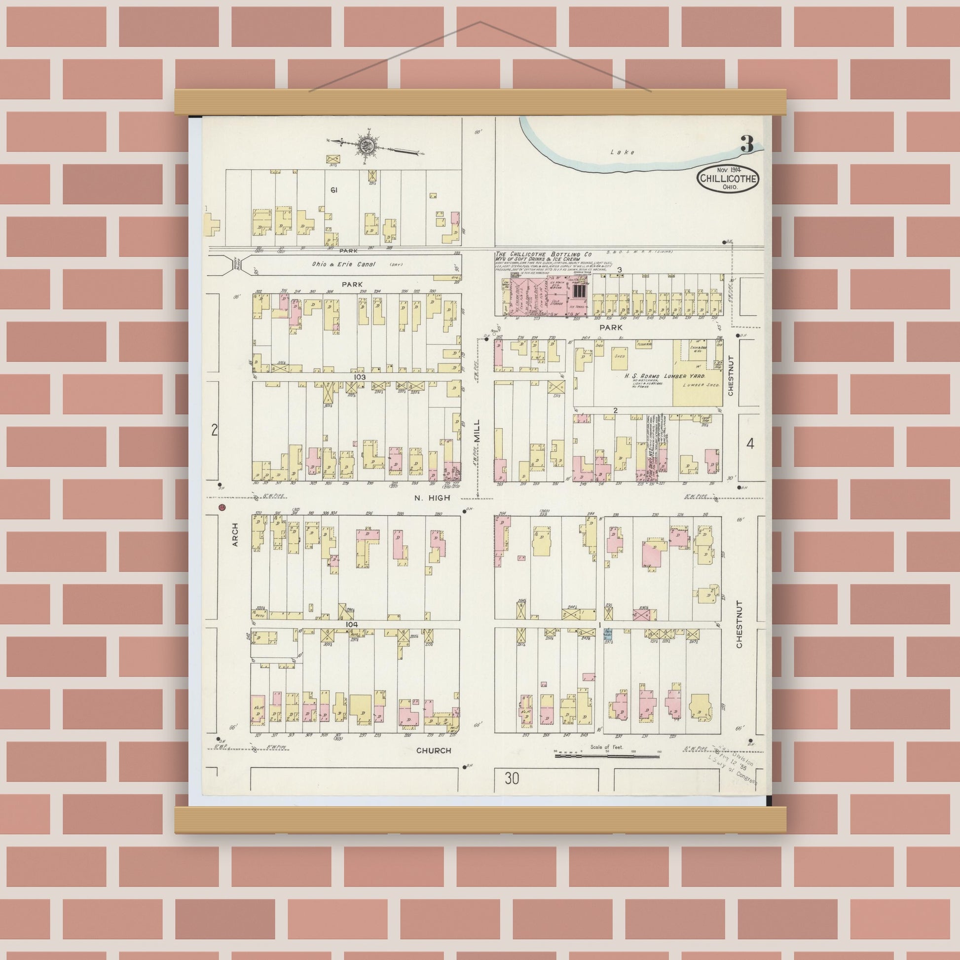Old map wall art mockup — magnetic wood frame on brick wall — Sanborn Fire Insurance Map from Chillicothe, Ross County, Ohio (1914), Sheet #0003