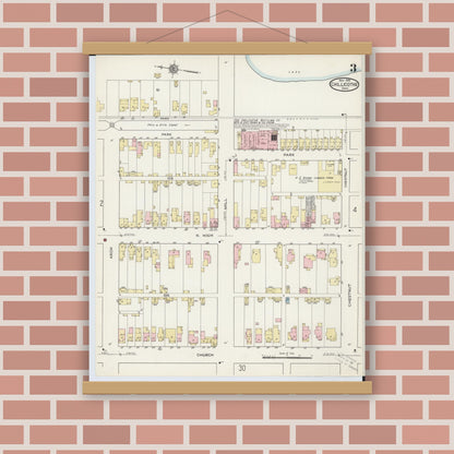 Old map wall art mockup — magnetic wood frame on brick wall — Sanborn Fire Insurance Map from Chillicothe, Ross County, Ohio (1914), Sheet #0003