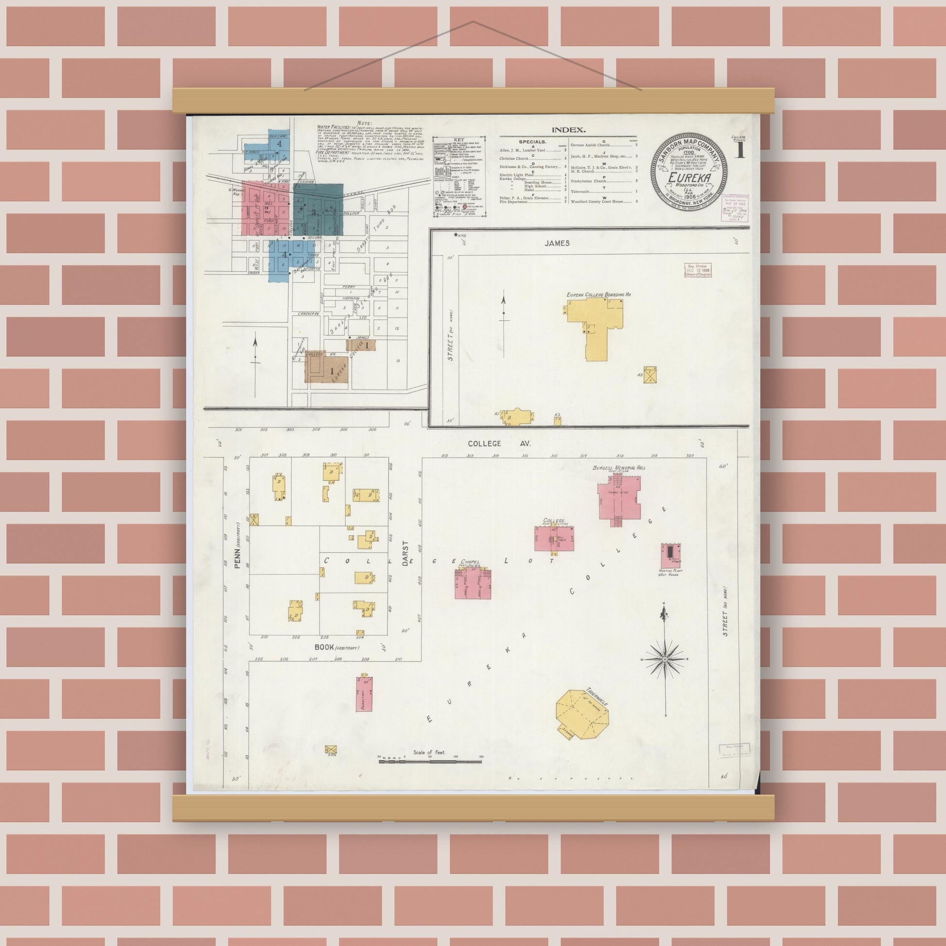 Old map wall art mockup — magnetic wood frame on brick wall — Sanborn Fire Insurance Map from Eureka, Woodford County, Illinois (1906), Sheet #0001