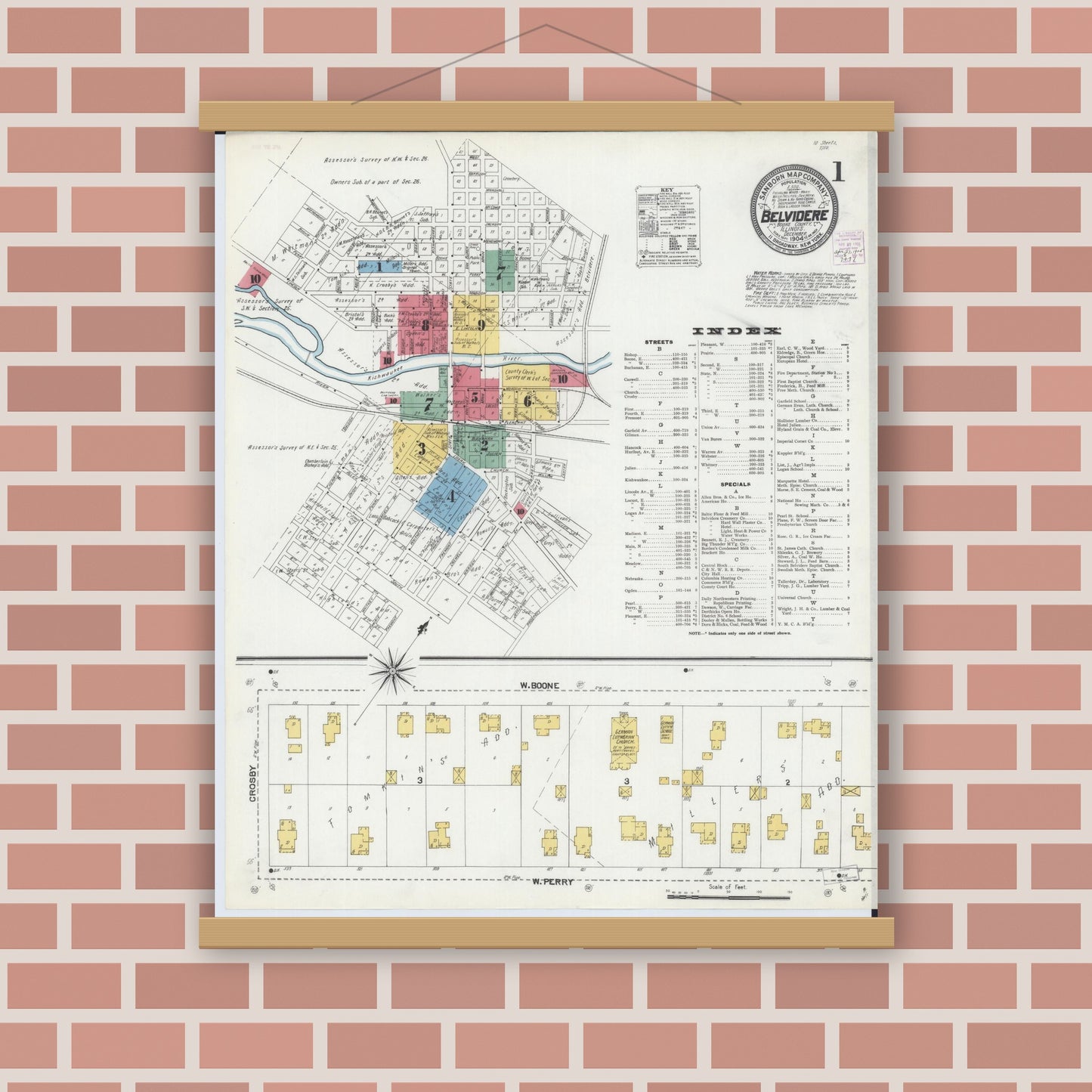 Old map wall art mockup — magnetic wood frame on brick wall — Sanborn Fire Insurance Map from Belvidere, Boone County, Illinois (1904), Sheet #0001