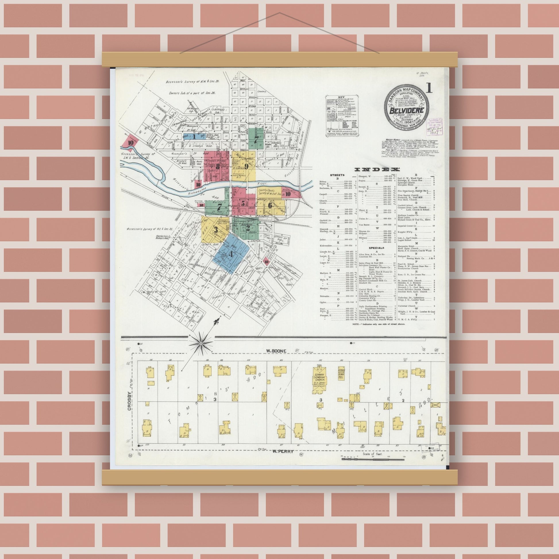 Old map wall art mockup — magnetic wood frame on brick wall — Sanborn Fire Insurance Map from Belvidere, Boone County, Illinois (1904), Sheet #0001
