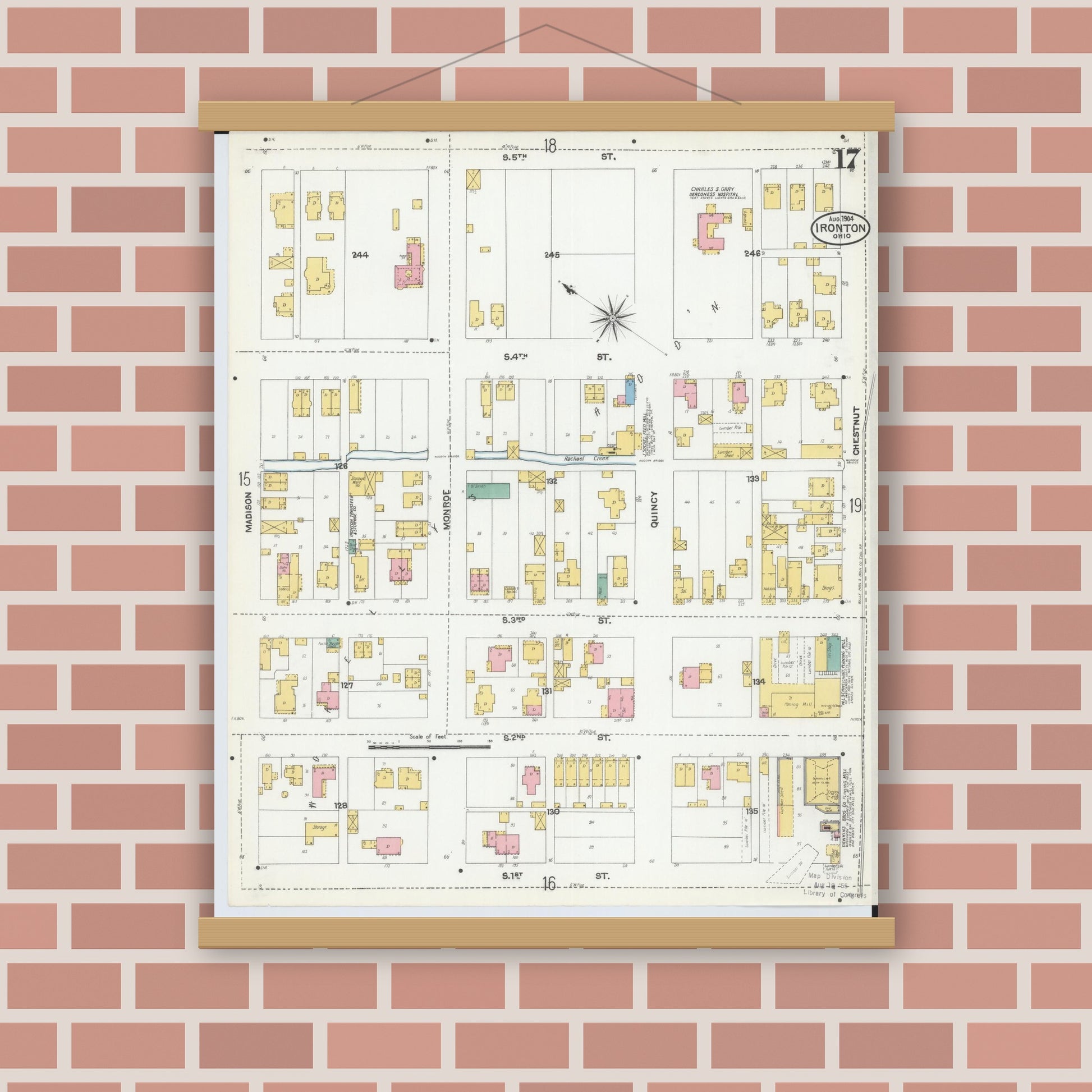 Old map wall art mockup — magnetic wood frame on brick wall — Sanborn Fire Insurance Map from Ironton, Lawrence County, Ohio (1904), Sheet #0017