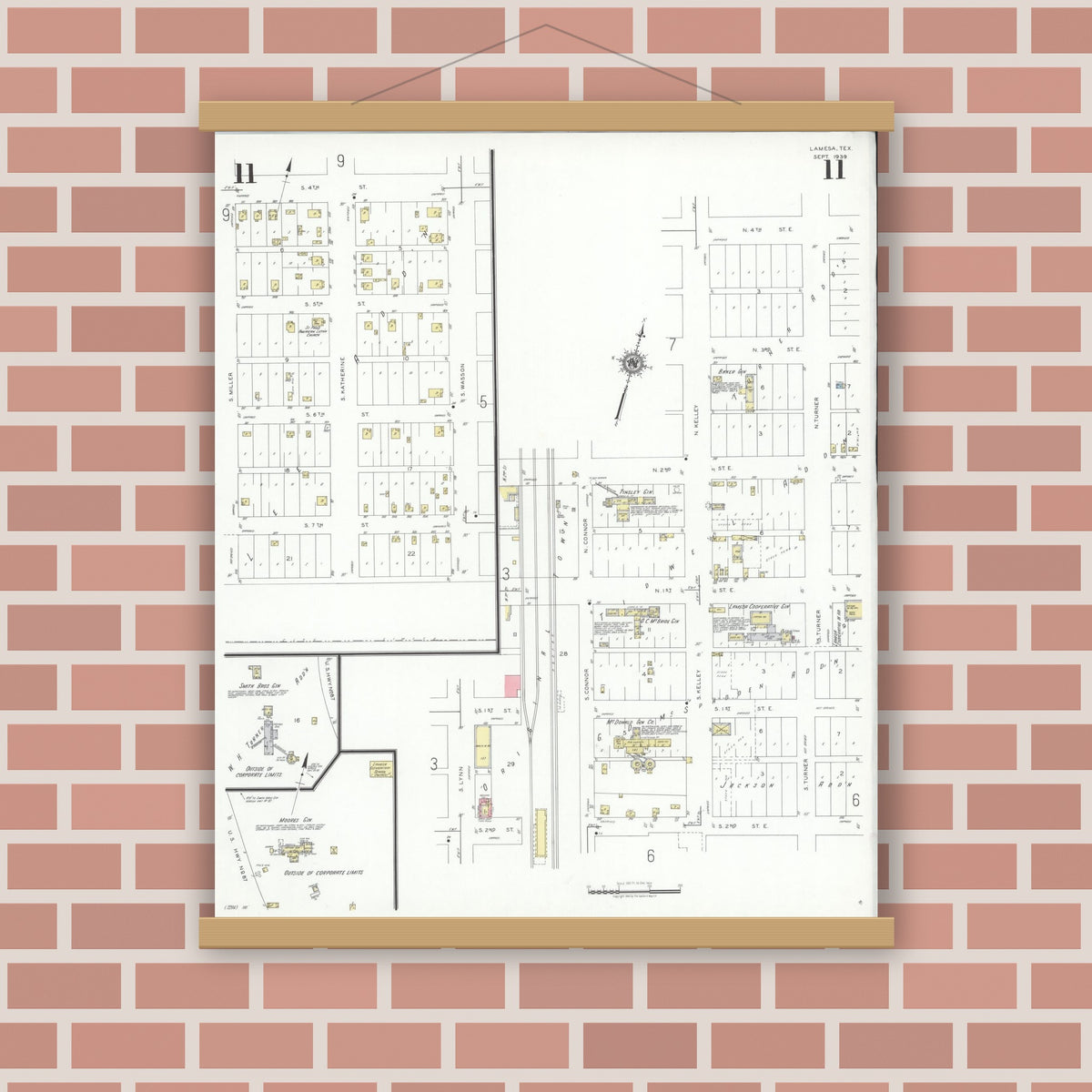 Old map wall art mockup — magnetic wood frame on brick wall — Sanborn Fire Insurance Map from Lamesa, Dawson County, Texas (1939), Sheet #0011