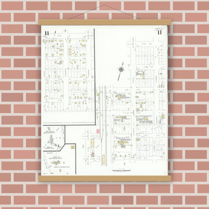 Old map wall art mockup — magnetic wood frame on brick wall — Sanborn Fire Insurance Map from Lamesa, Dawson County, Texas (1939), Sheet #0011