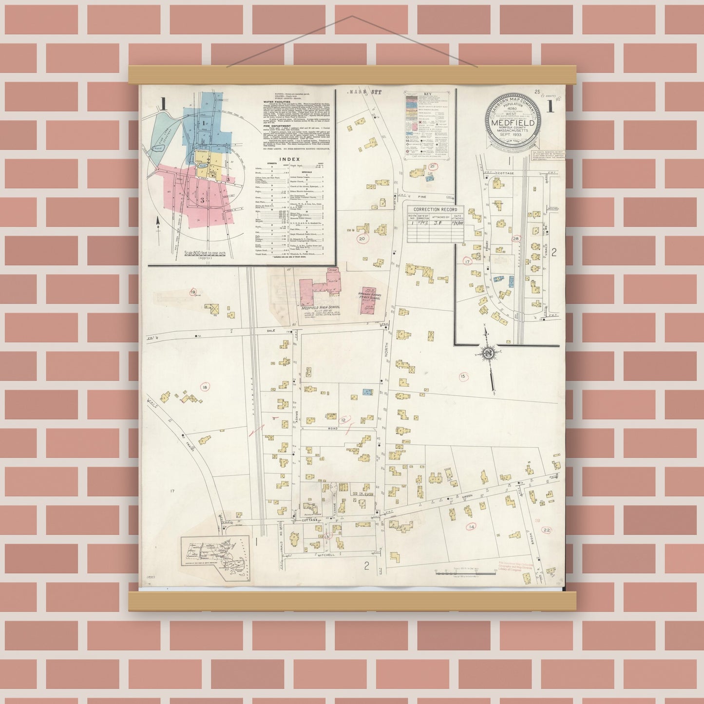 Old map wall art mockup — magnetic wood frame on brick wall — Sanborn Fire Insurance Map from Medfield, Norfolk County, Massachusetts (1943), Sheet #0001
