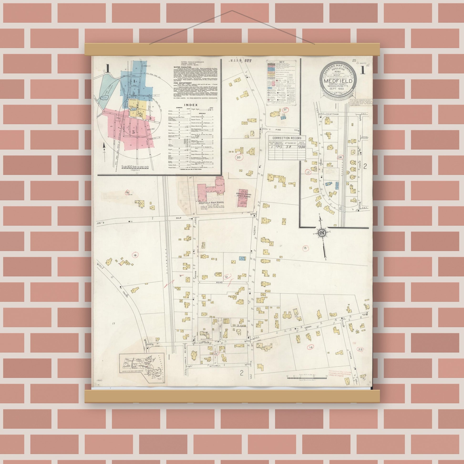 Old map wall art mockup — magnetic wood frame on brick wall — Sanborn Fire Insurance Map from Medfield, Norfolk County, Massachusetts (1943), Sheet #0001