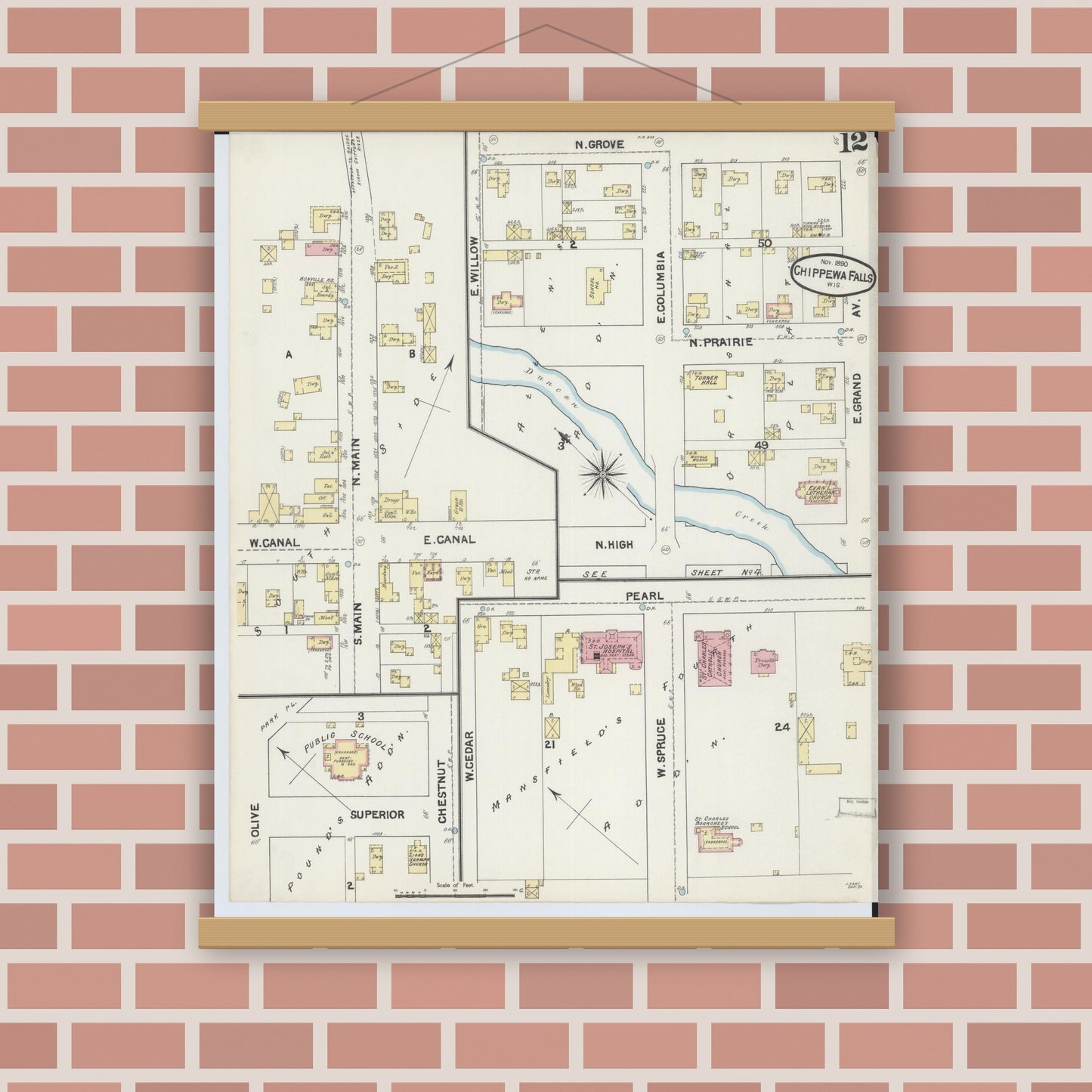 Old map wall art mockup — magnetic wood frame on brick wall — Sanborn Fire Insurance Map from Chippewa Falls, Chippewa County, Wisconsin (1890), Sheet #0012