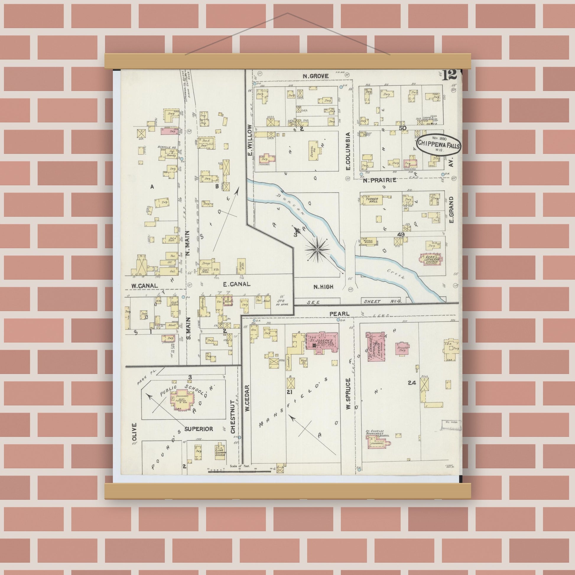 Old map wall art mockup — magnetic wood frame on brick wall — Sanborn Fire Insurance Map from Chippewa Falls, Chippewa County, Wisconsin (1890), Sheet #0012