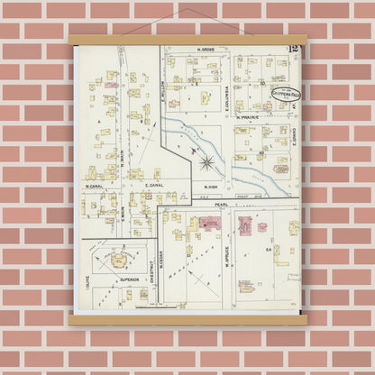 Old map wall art mockup — magnetic wood frame on brick wall — Sanborn Fire Insurance Map from Chippewa Falls, Chippewa County, Wisconsin (1890), Sheet #0012