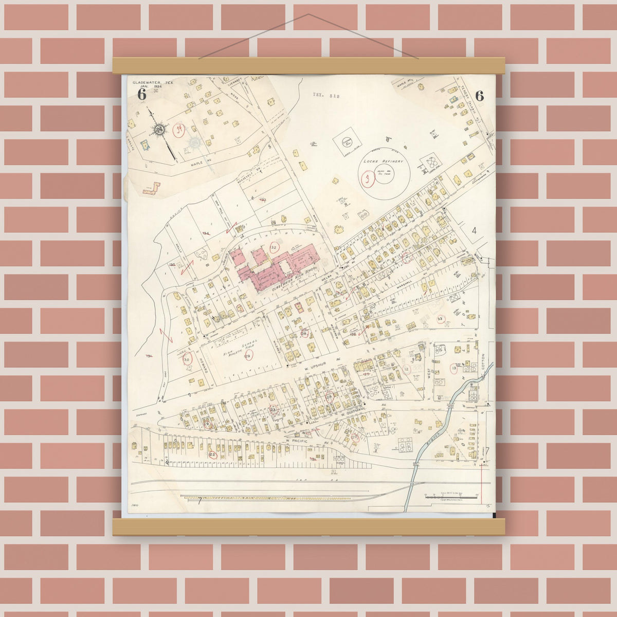 Old map wall art mockup — magnetic wood frame on brick wall — Sanborn Fire Insurance Map from Gladewater, Gregg County, Texas (1938), Sheet #0006