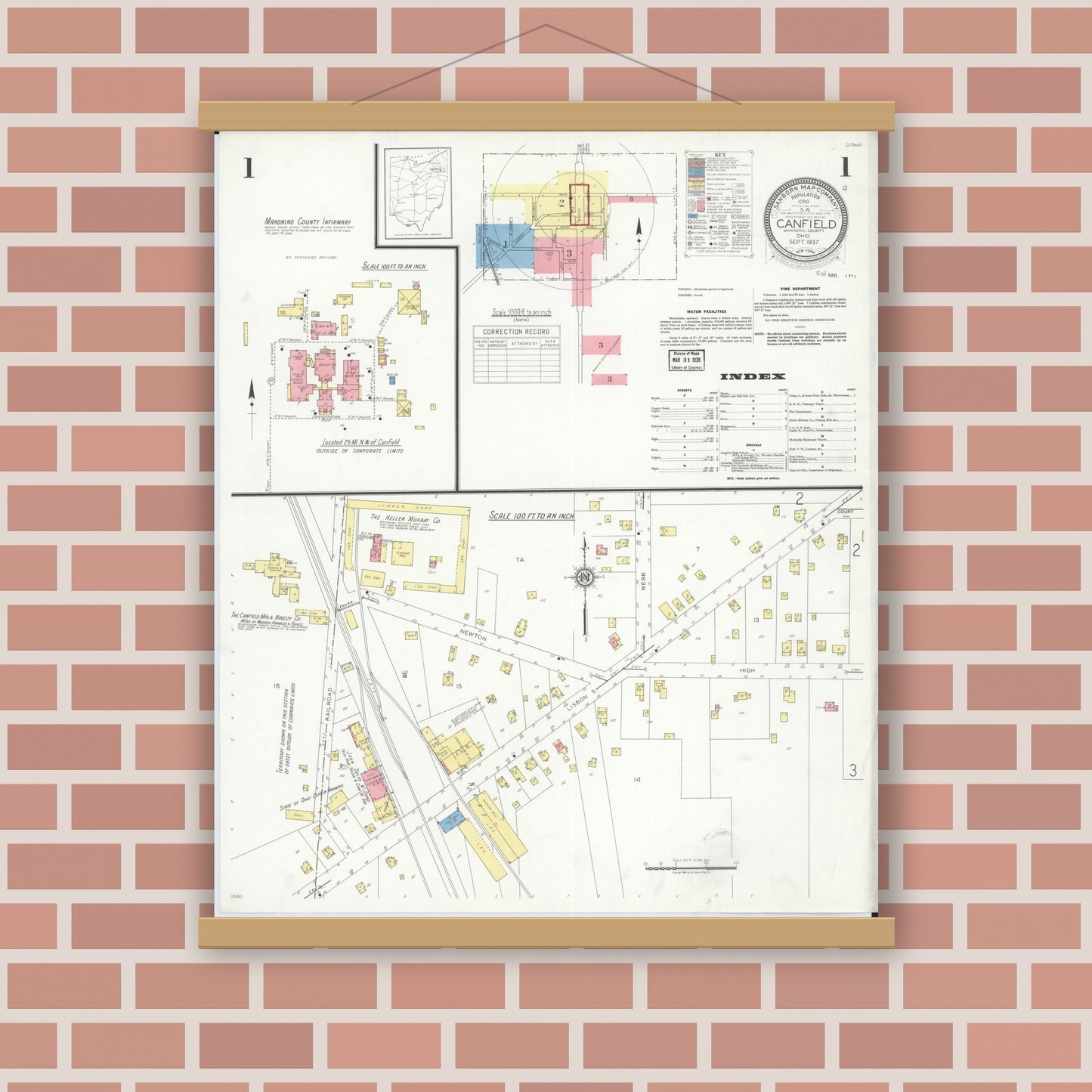 Old map wall art mockup — magnetic wood frame on brick wall — Sanborn Fire Insurance Map from Canfield, Mahoning County, Ohio (1937) - Complete Map Set