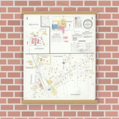 Old map wall art mockup — magnetic wood frame on brick wall — Sanborn Fire Insurance Map from Canfield, Mahoning County, Ohio (1937) - Complete Map Set