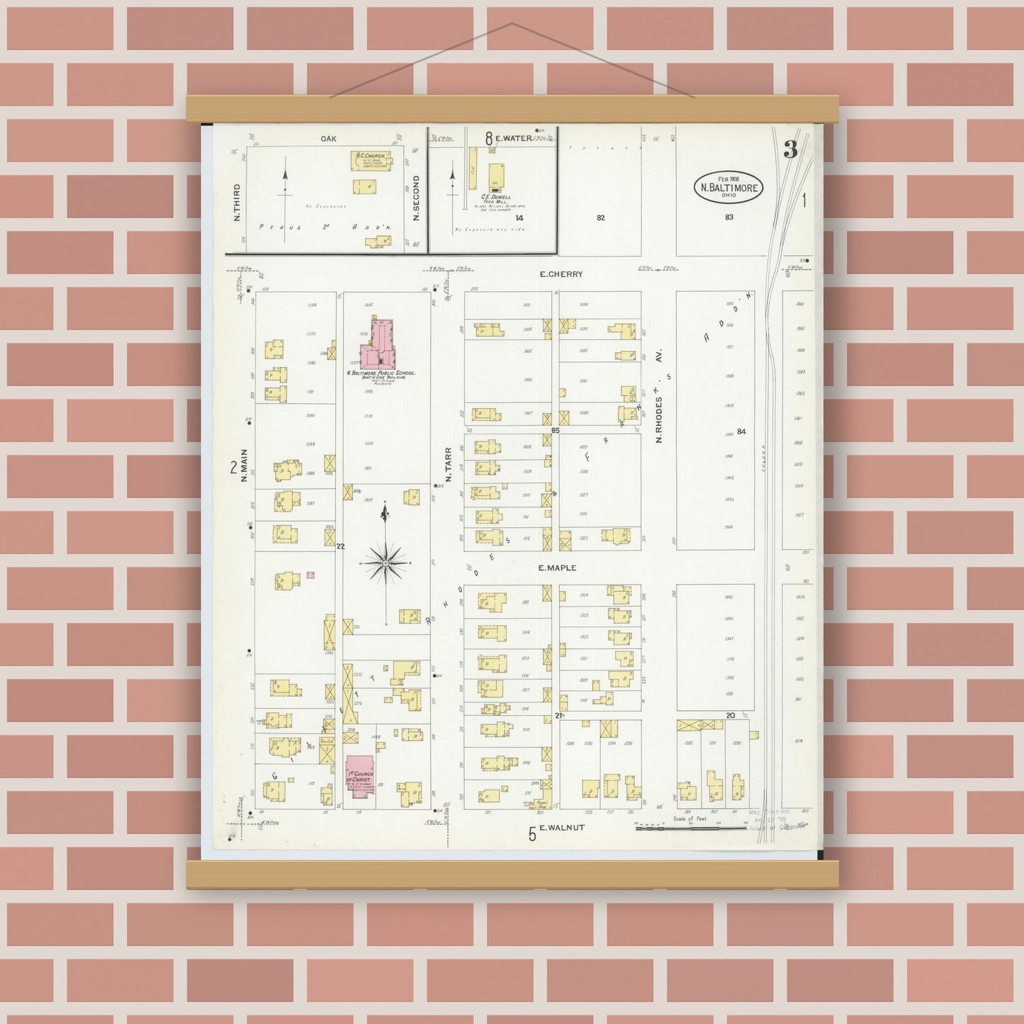 Old map wall art mockup — magnetic wood frame on brick wall — Sanborn Fire Insurance Map from North Baltimore, Wood County, Ohio (1908), Sheet #0003