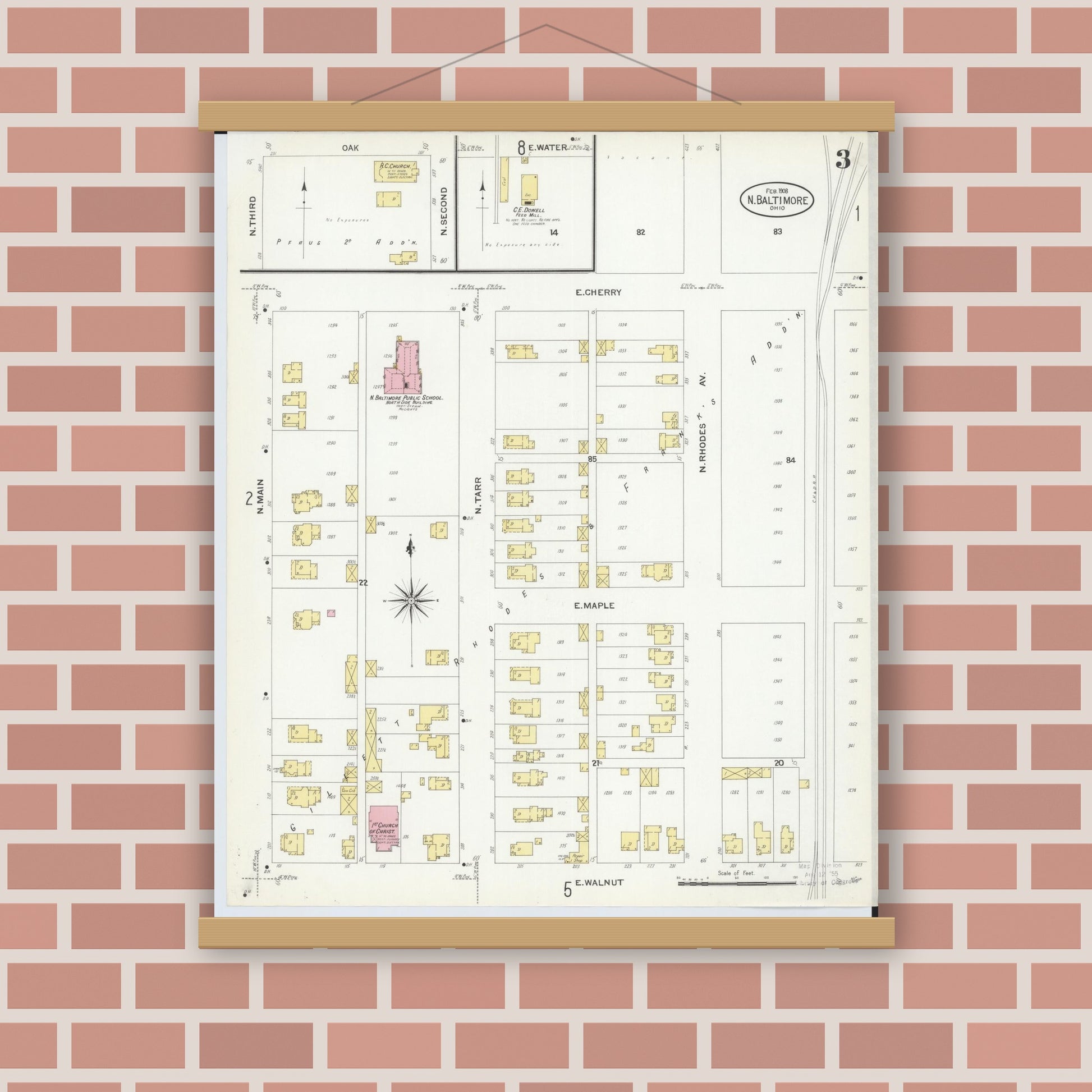 Old map wall art mockup — magnetic wood frame on brick wall — Sanborn Fire Insurance Map from North Baltimore, Wood County, Ohio (1908), Sheet #0003