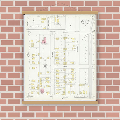 Old map wall art mockup — magnetic wood frame on brick wall — Sanborn Fire Insurance Map from North Baltimore, Wood County, Ohio (1908), Sheet #0003