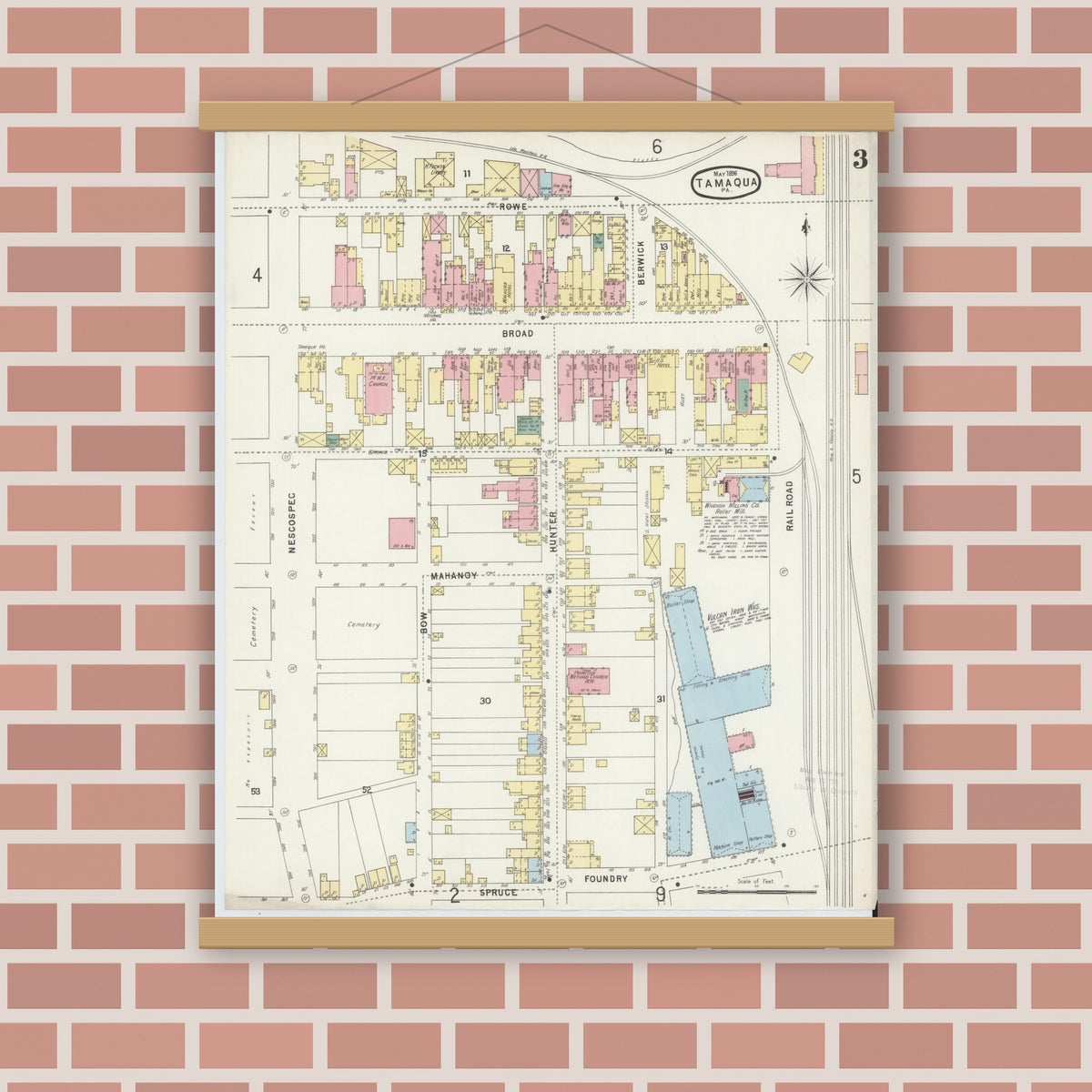Old map wall art mockup — magnetic wood frame on brick wall — Sanborn Fire Insurance Map from Tamaqua, Schuylkill County, Pennsylvania (1896), Sheet #0003