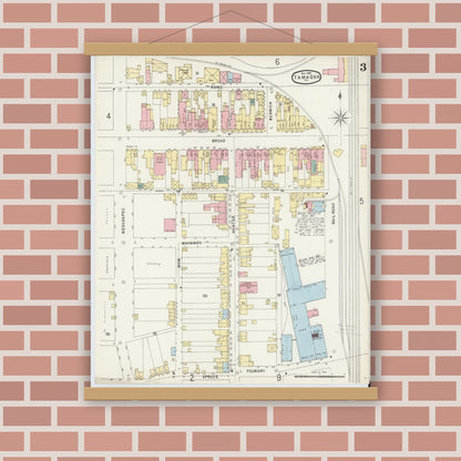 Old map wall art mockup — magnetic wood frame on brick wall — Sanborn Fire Insurance Map from Tamaqua, Schuylkill County, Pennsylvania (1896), Sheet #0003