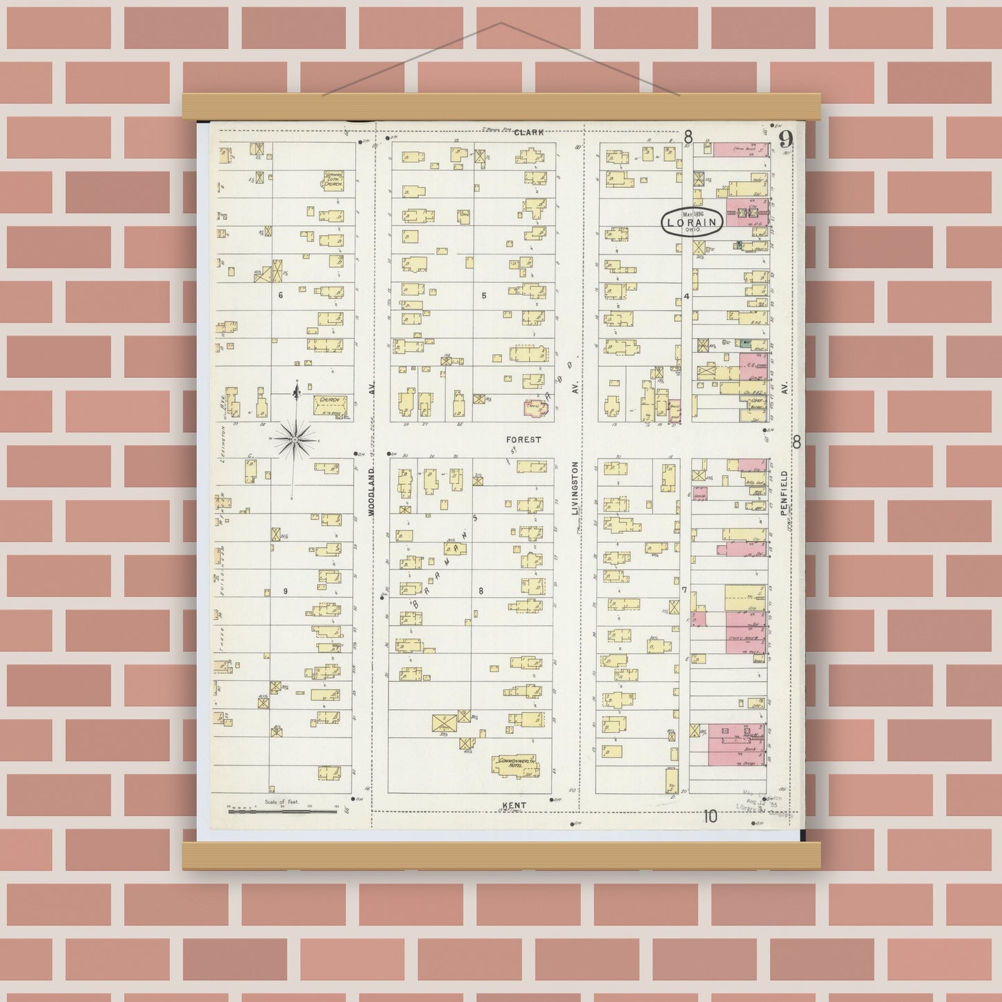 Old map wall art mockup — magnetic wood frame on brick wall — Sanborn Fire Insurance Map from Lorain, Lorain County, Ohio (1896), Sheet #0009