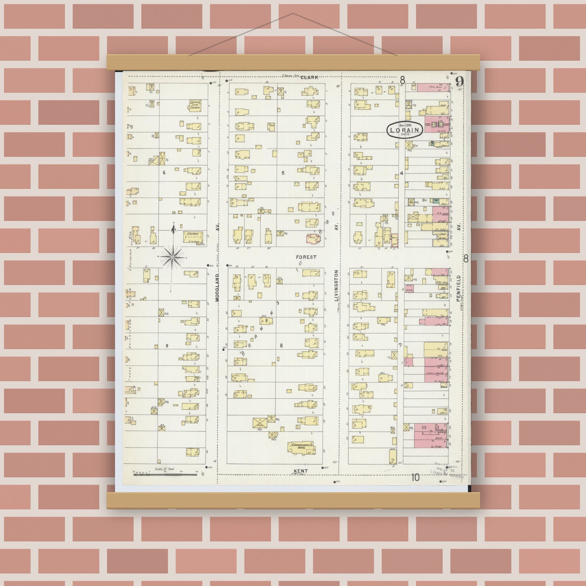 Old map wall art mockup — magnetic wood frame on brick wall — Sanborn Fire Insurance Map from Lorain, Lorain County, Ohio (1896), Sheet #0009